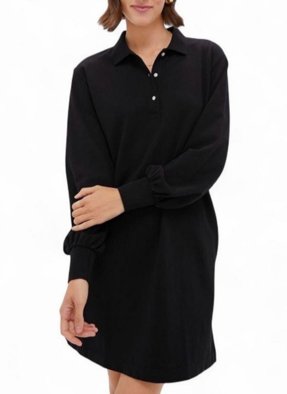 Tuckernuck Pique Polo Shirt Dress Womens Med Mini Black Long Sleeve Pockets NWT